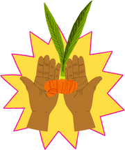 Hand holding a fresh turmeric toot with leaves against a yellow background